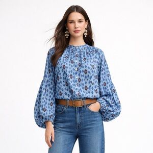 Elizabeth James The Label Top Emory Blue Ikat Balloon Sleeve Button Blouse M